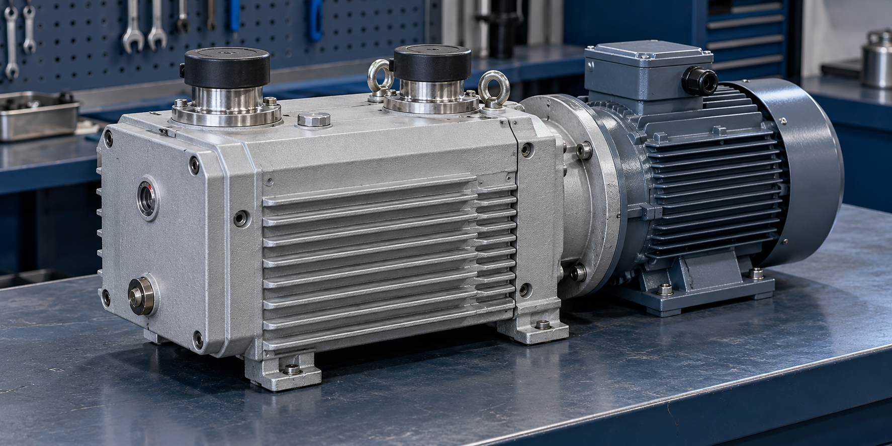 Illustrative industrial rotary-vane vacuum pump on a workbench